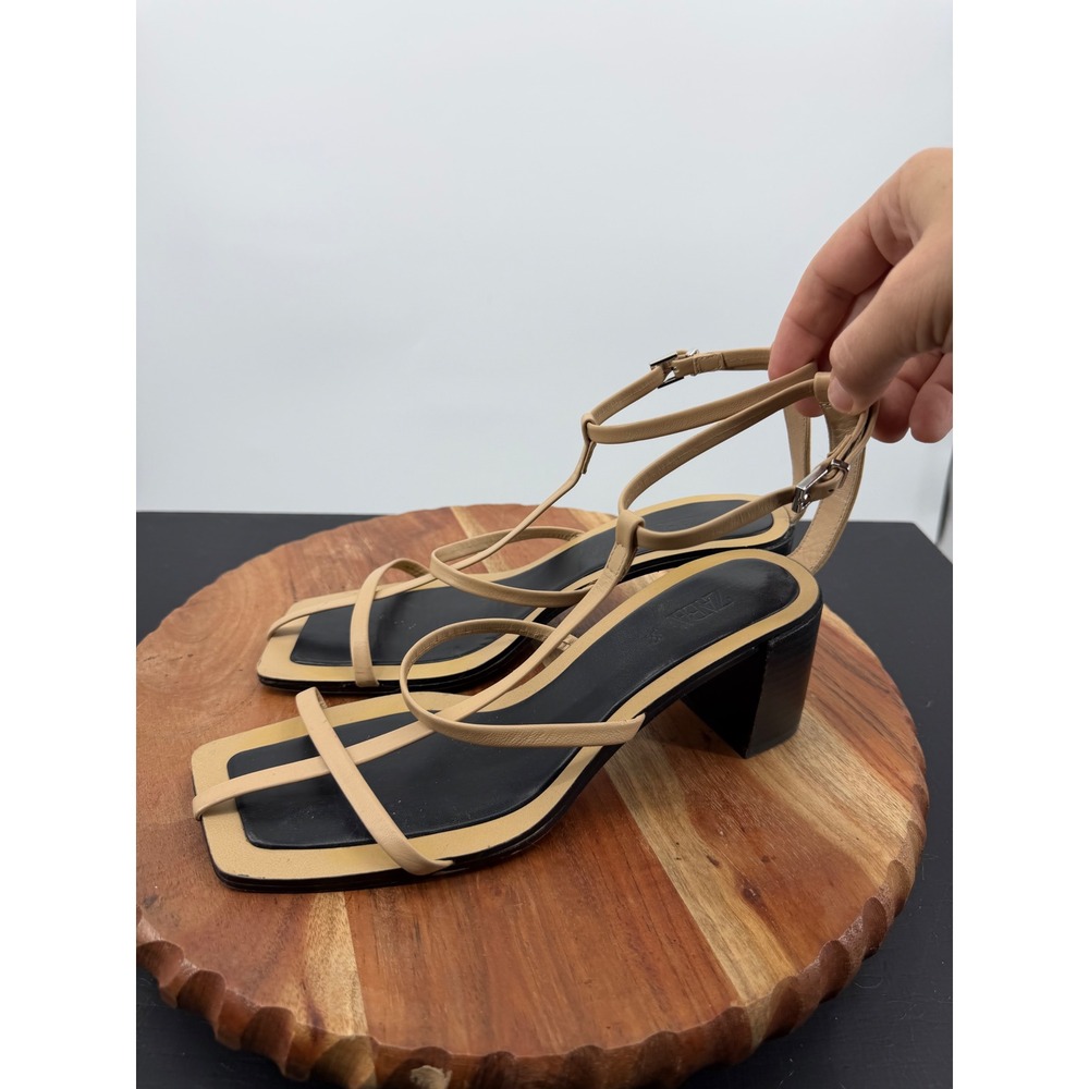 Zara Strappy Block cage Heel Sandals sz 38 7 Beige Black Square Toe Ankle Strap